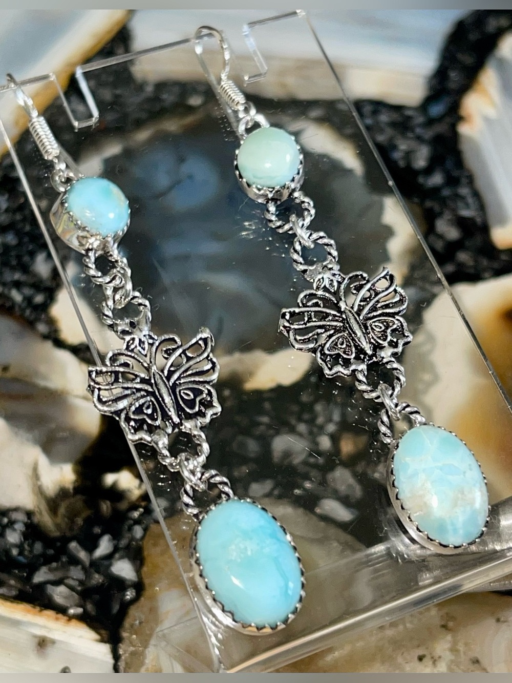 Butterfly Caribbean Larimar Crystal Earrings 2 1/2”